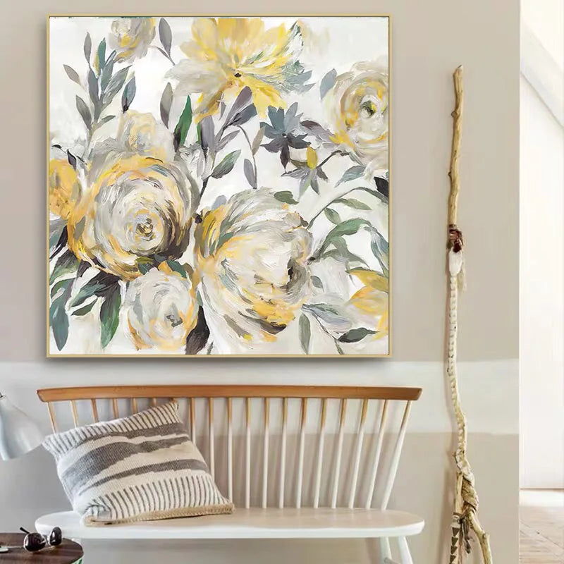 Gold Foil Texture Flower Wall Art Pic Hand Painted Modern Abstract Oil Painting On Canvas For Living Room Home Decor No Frame